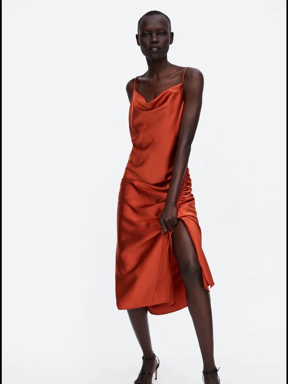 Zara Satin Slip Midi Dress in Burnt Orange small